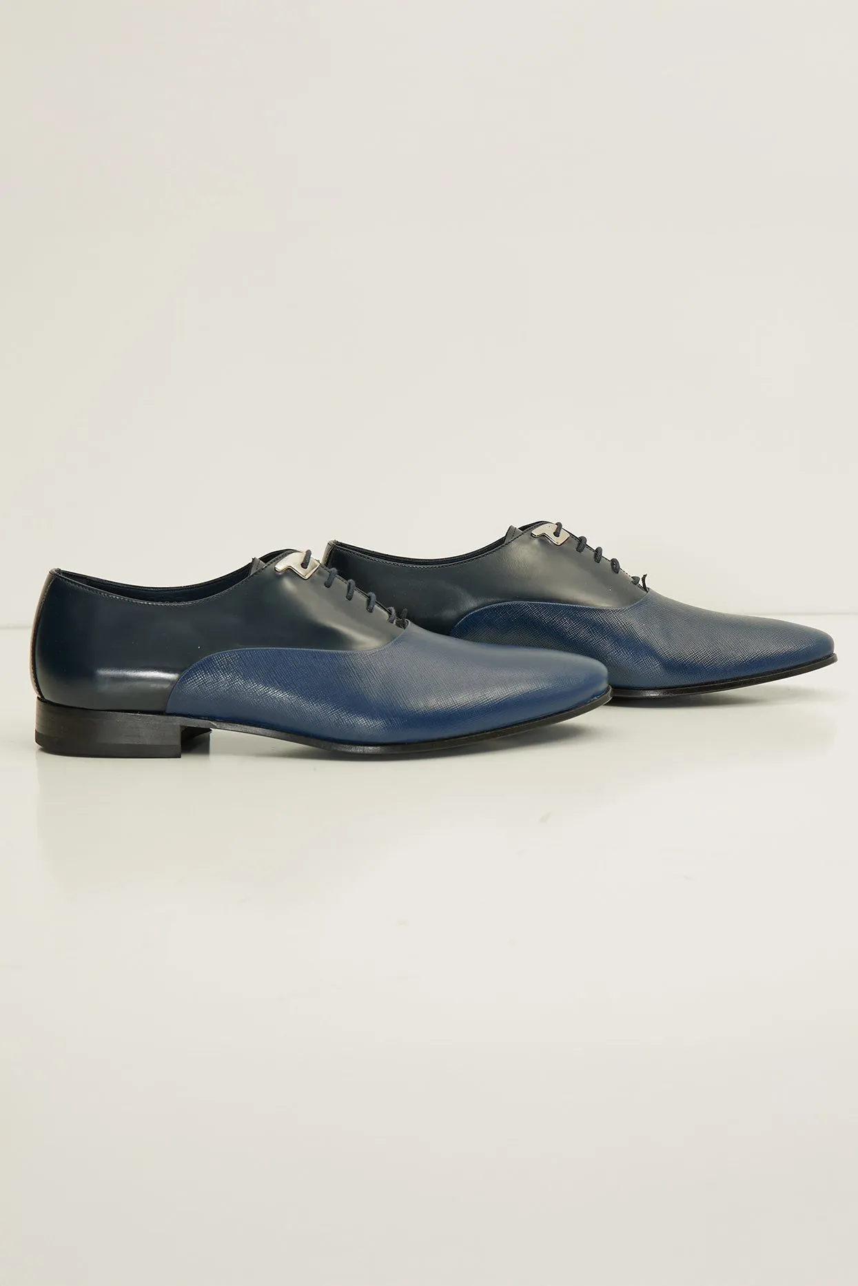 Two Tone Plain Toe Leather Oxfords-  Navy