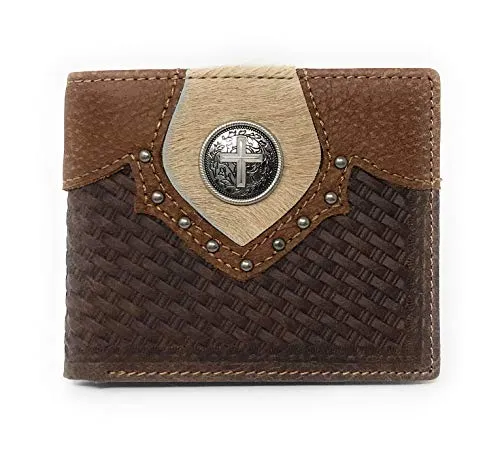 Western Genuine Leather Cowhide Cow Fur Cross Basketweave Mens Bifold Short Wallet in 2 colors