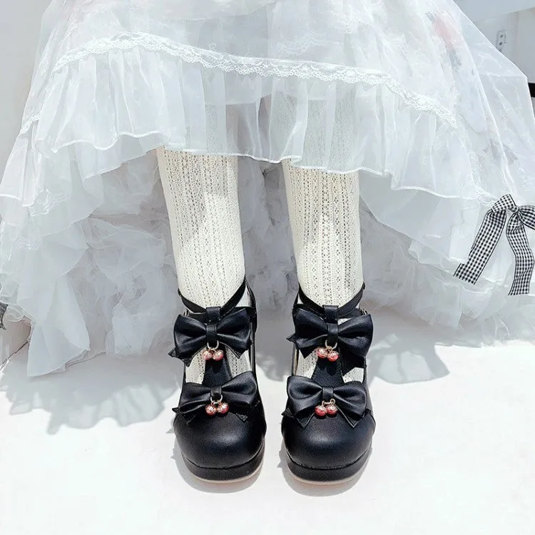 Women Bow Tie Shallow Ankle Strap Block Chunky Heel Platform Pumps