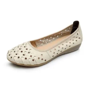 Women Hollow Out Genuine Leather Slip On Loafers Casual Shoes Sandals Flats
