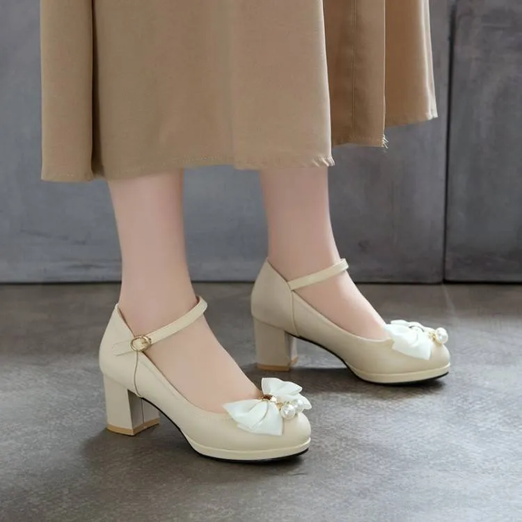 Women Pearls Bow Tie Shallow Mary Janes Block Heel Platform Pumps