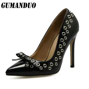 Women Pumps Sexy Rivet  Shoes Rome Butterfly knot High Heels Fashion Party Pointed Toe Thin Heels Stiletto