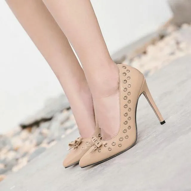 Women Pumps Sexy Rivet  Shoes Rome Butterfly knot High Heels Fashion Party Pointed Toe Thin Heels Stiletto