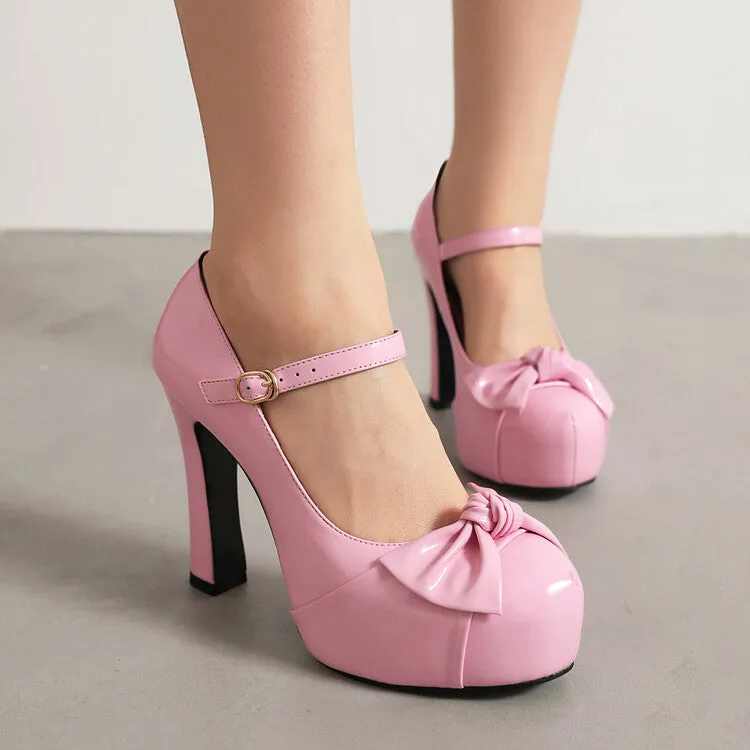 Women's Bow Tie Shallow Chunky Heel Mary Jane Platform Pumps