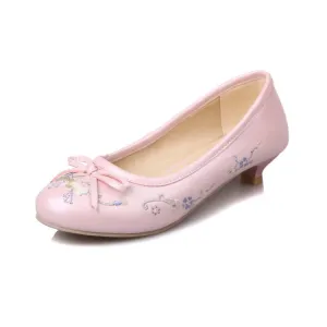 Women's Embroidered Knot Chunky Heels Pumps