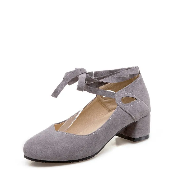 Women's Flock Crossed Ankle Strap Mary Janes Block Heel Pumps