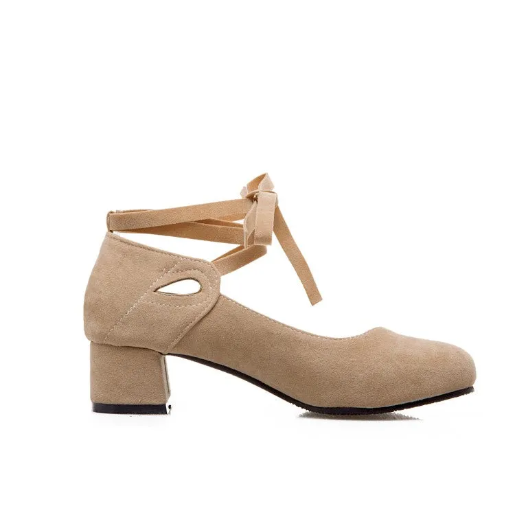 Women's Flock Crossed Ankle Strap Mary Janes Block Heel Pumps