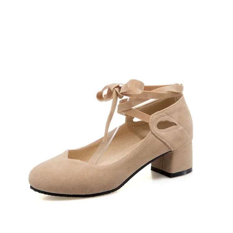 Women's Flock Crossed Ankle Strap Mary Janes Block Heel Pumps