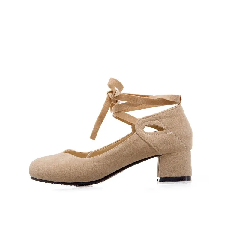 Women's Flock Crossed Ankle Strap Mary Janes Block Heel Pumps