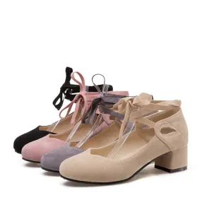 Women's Flock Crossed Ankle Strap Mary Janes Block Heel Pumps