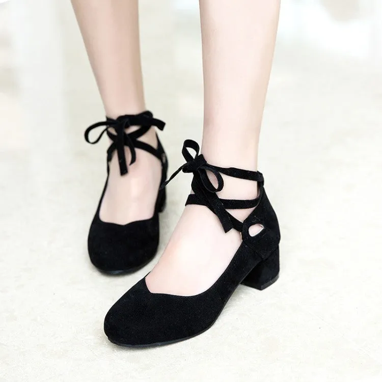 Women's Flock Crossed Ankle Strap Mary Janes Block Heel Pumps