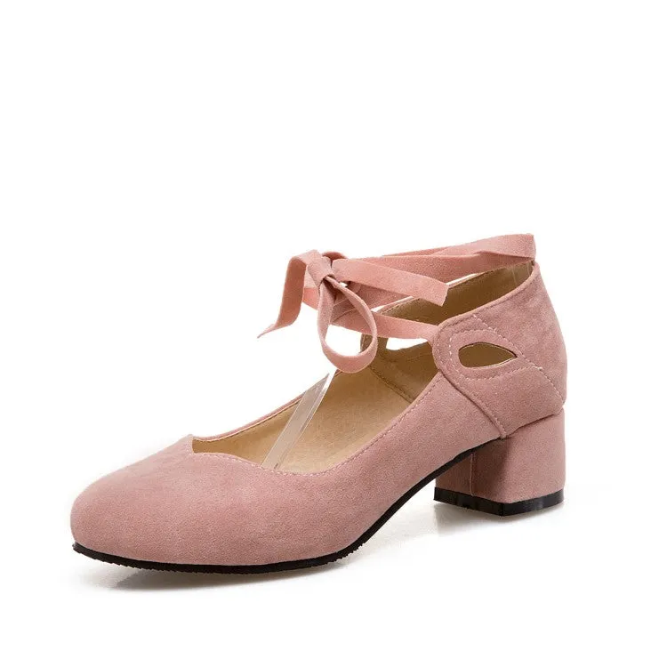 Women's Flock Crossed Ankle Strap Mary Janes Block Heel Pumps