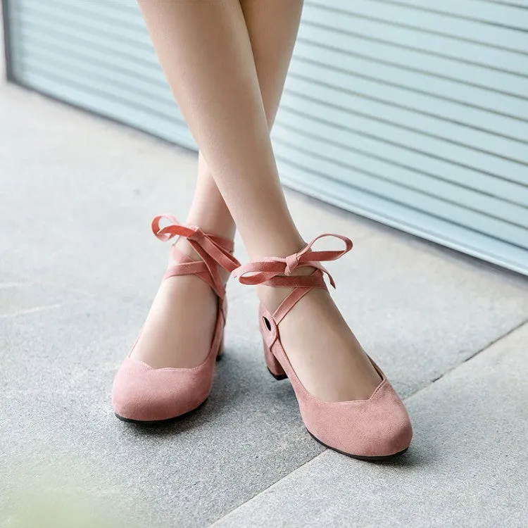 Women's Flock Crossed Ankle Strap Mary Janes Block Heel Pumps