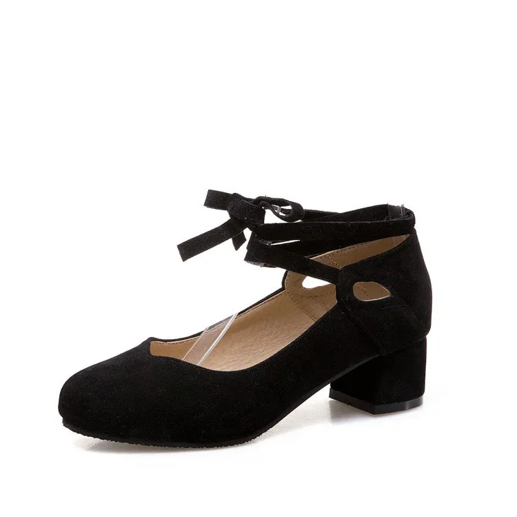 Women's Flock Crossed Ankle Strap Mary Janes Block Heel Pumps