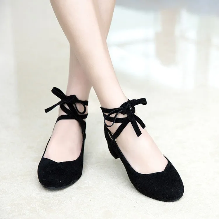 Women's Flock Crossed Ankle Strap Mary Janes Block Heel Pumps