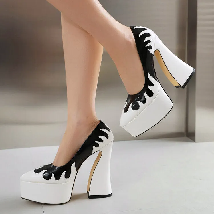 Women's Pointed Toe Bicolor Shallow Spool Heel Platform Pumps