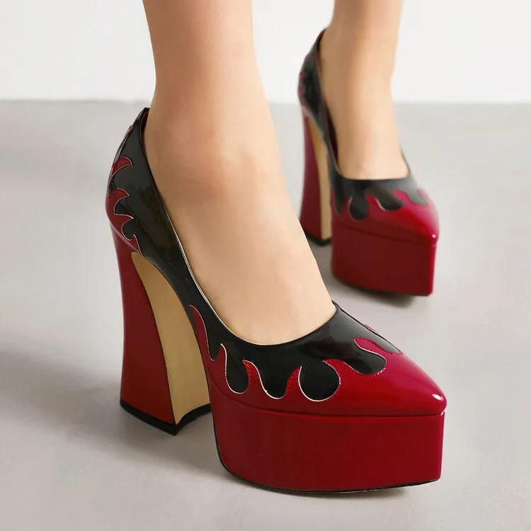 Women's Pointed Toe Bicolor Shallow Spool Heel Platform Pumps