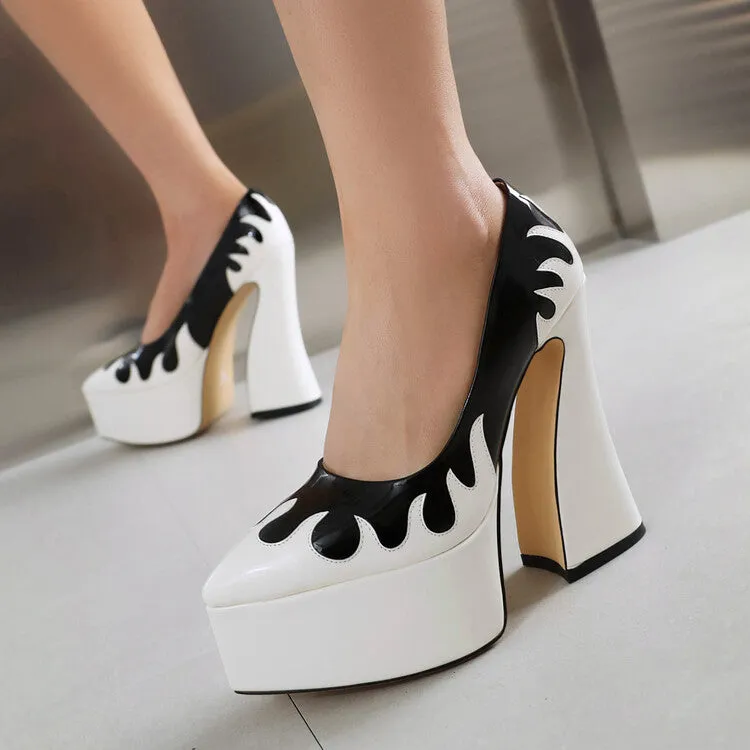 Women's Pointed Toe Bicolor Shallow Spool Heel Platform Pumps
