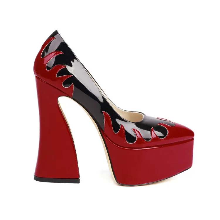 Women's Pointed Toe Bicolor Shallow Spool Heel Platform Pumps