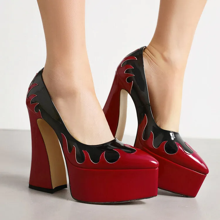 Women's Pointed Toe Bicolor Shallow Spool Heel Platform Pumps