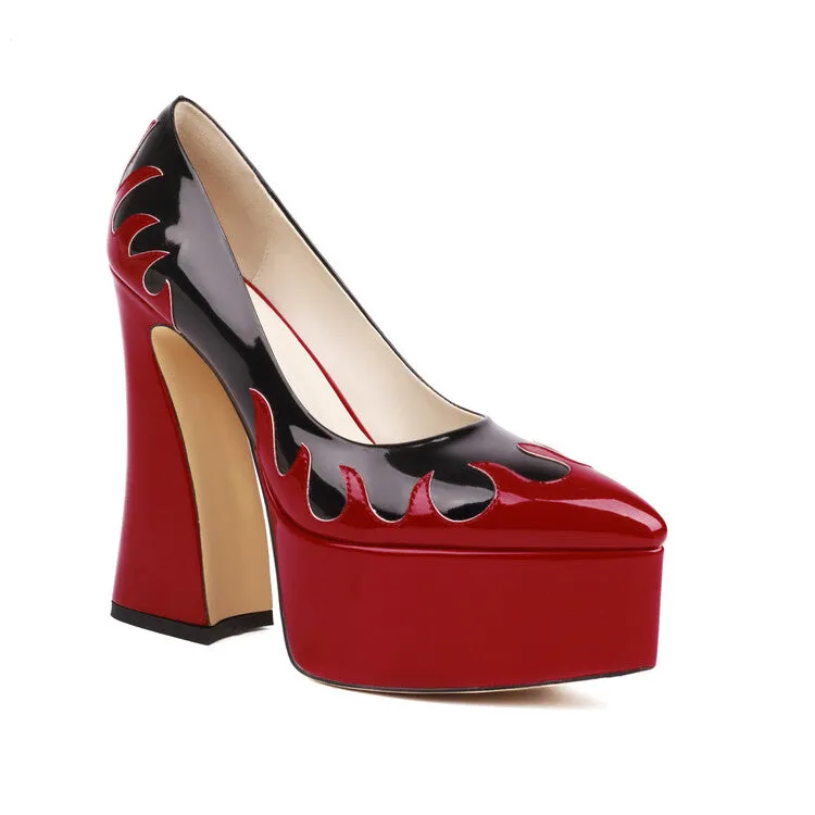 Women's Pointed Toe Bicolor Shallow Spool Heel Platform Pumps