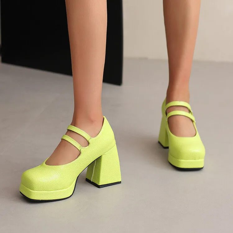 Women's Square Toe Block Heel Mary Janes Platform Pumps